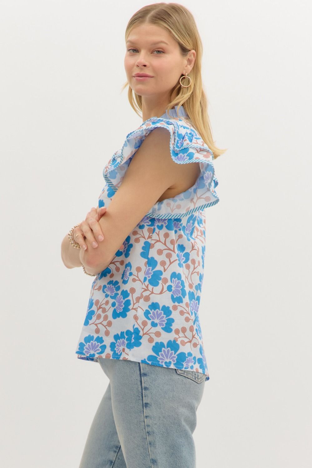 Dacia Floral Flutter Sleeve Top Blue