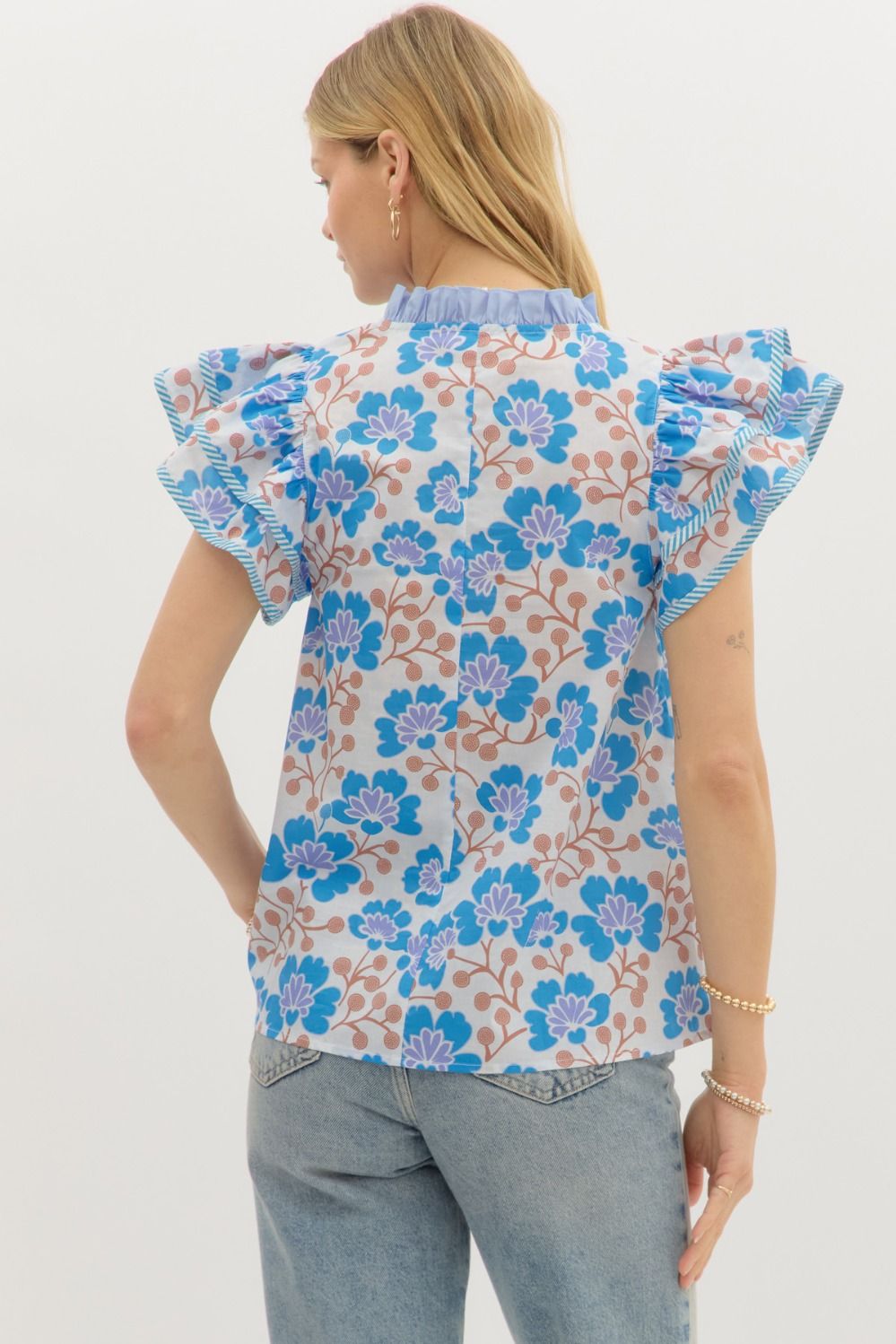 Dacia Floral Flutter Sleeve Top Blue