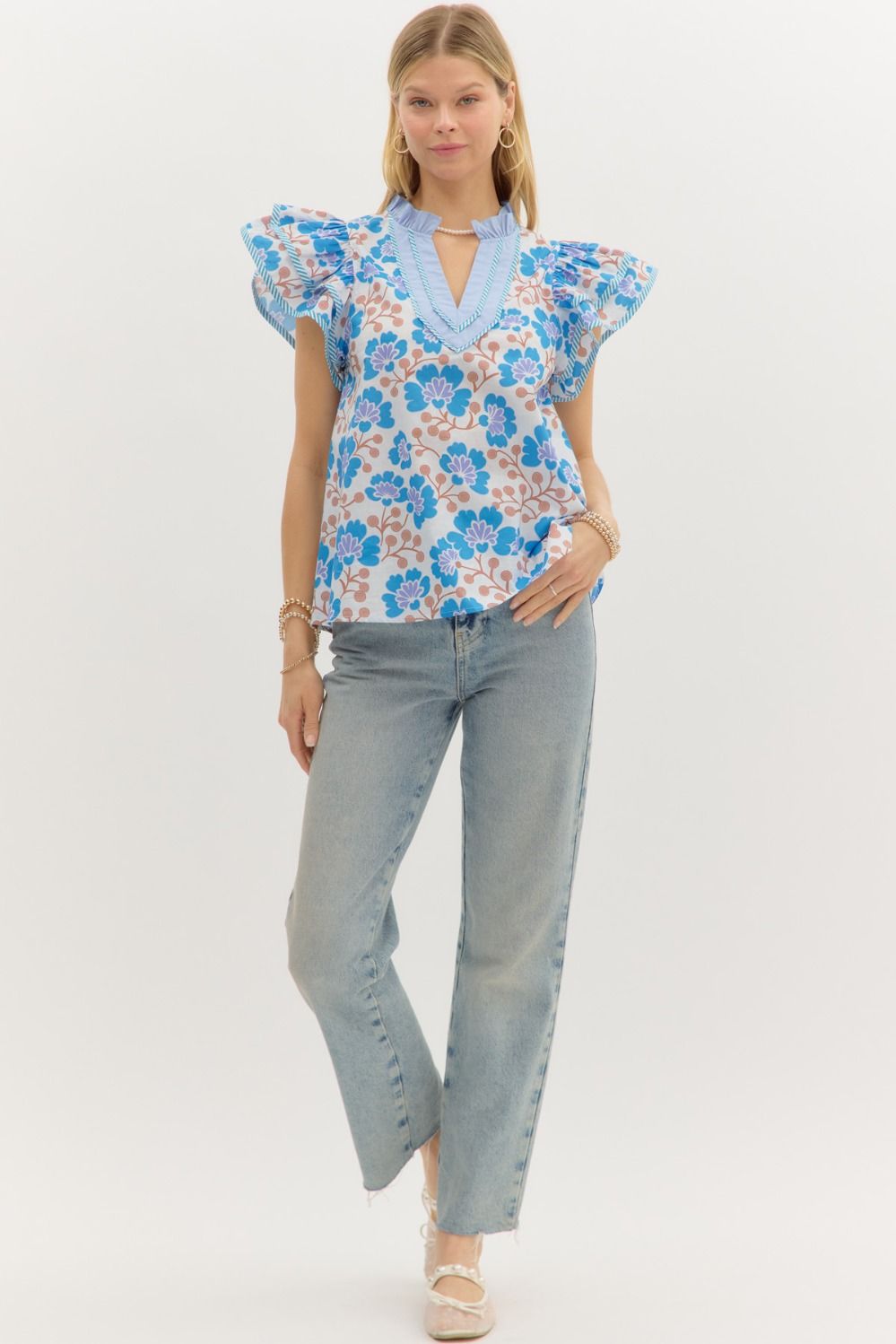 Dacia Floral Flutter Sleeve Top Blue