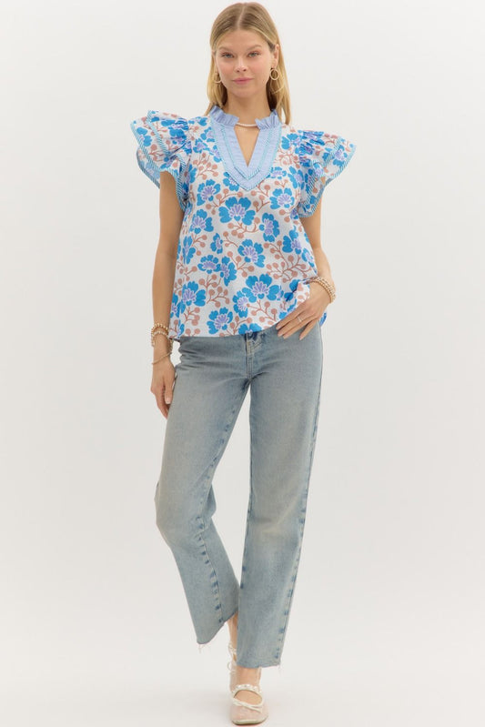 Dacia Floral Flutter Sleeve Top Blue