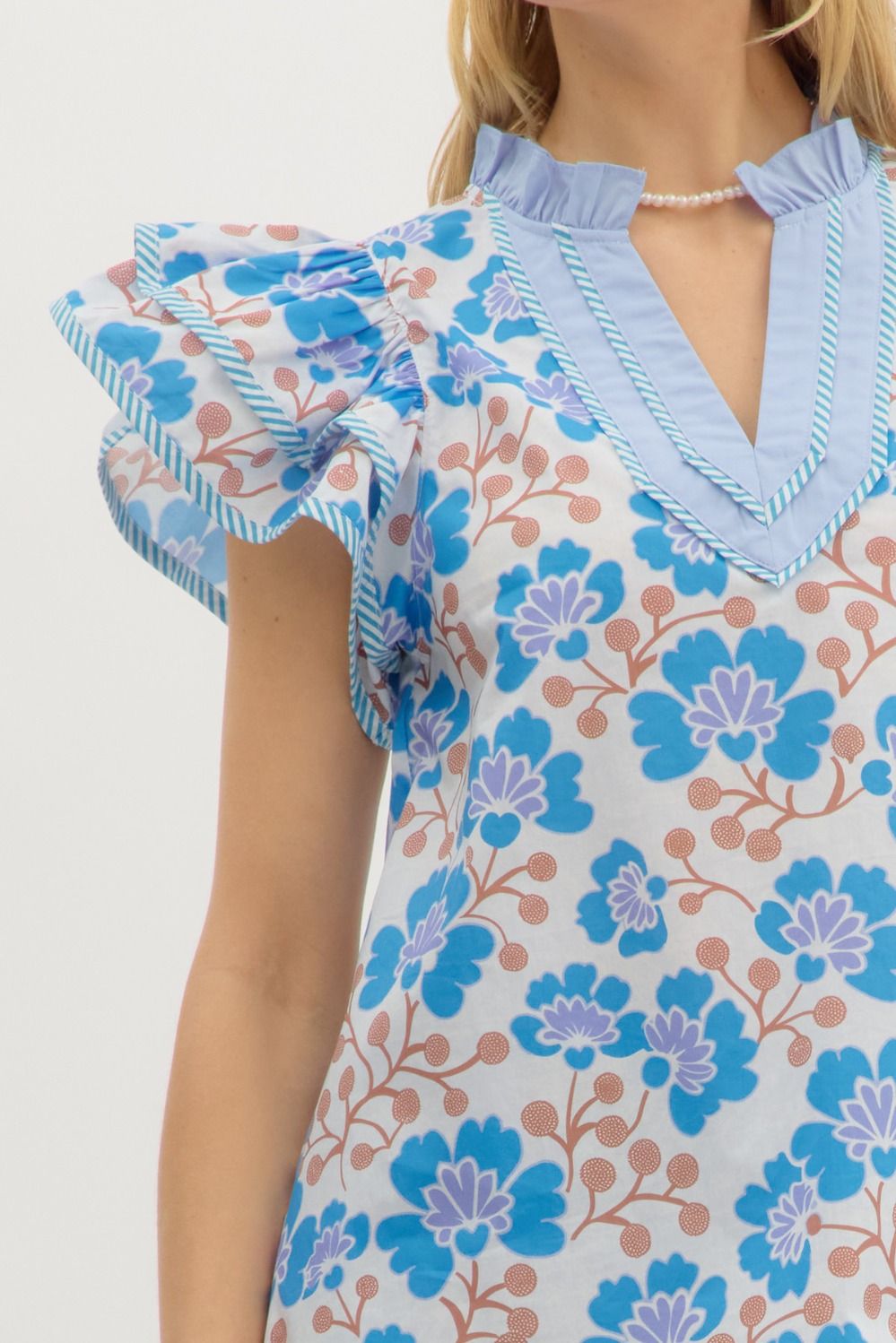 Dacia Floral Flutter Sleeve Top Blue