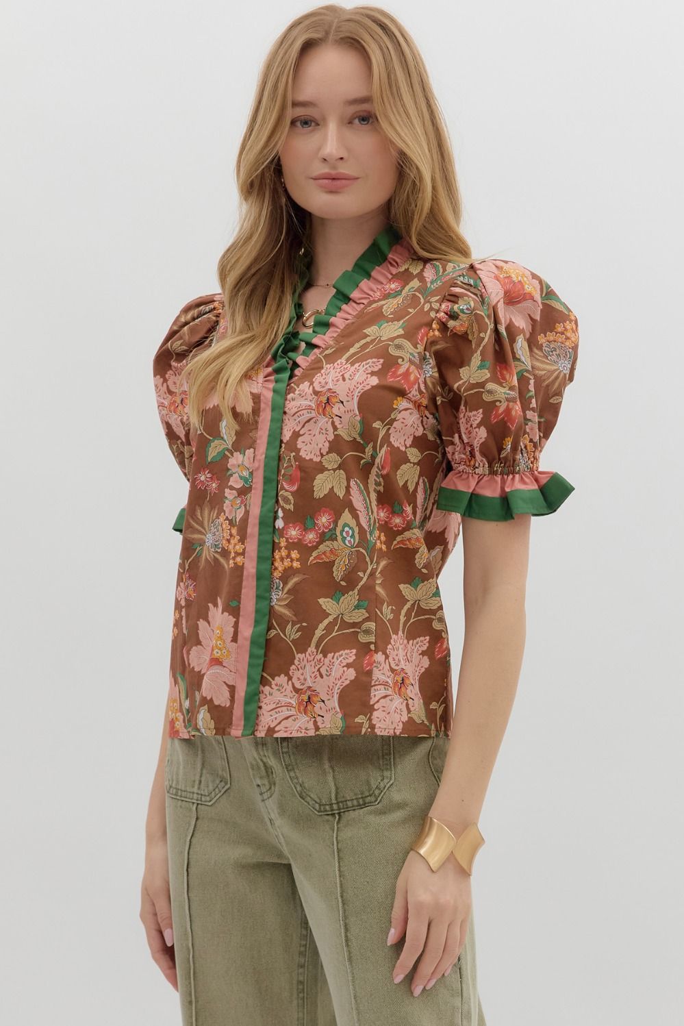 Penelope Floral Puff Sleeve Top Brown