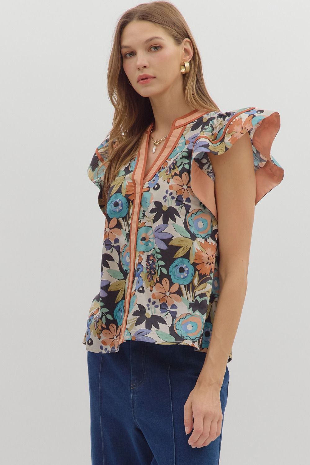 Athena Floral Ruffle Sleeve Top Cinnamon