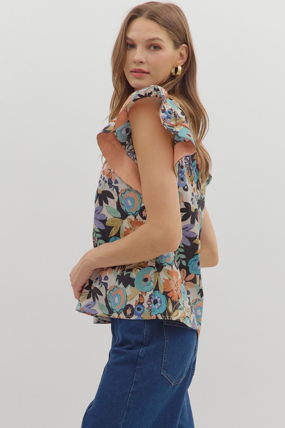 Athena Floral Ruffle Sleeve Top Cinnamon