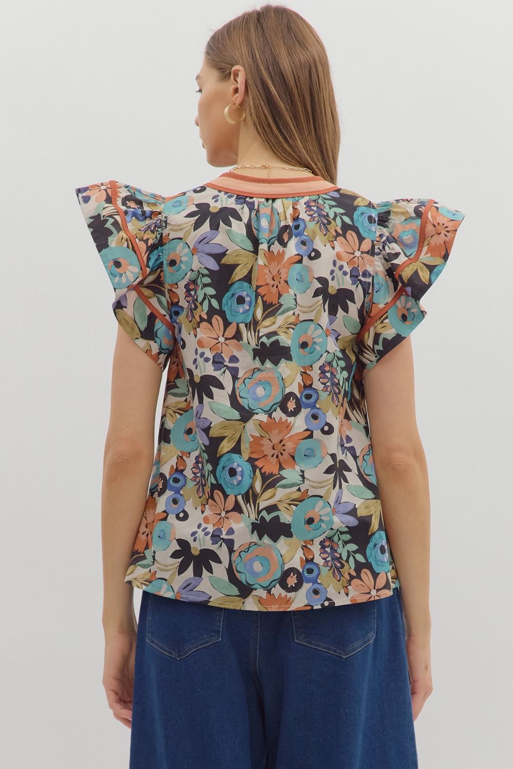 Athena Floral Ruffle Sleeve Top Cinnamon