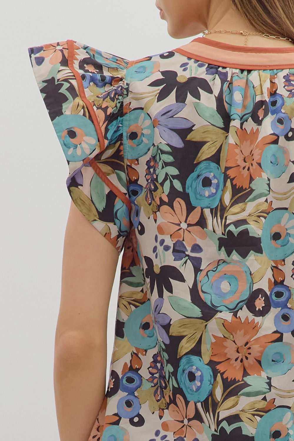 Athena Floral Ruffle Sleeve Top Cinnamon
