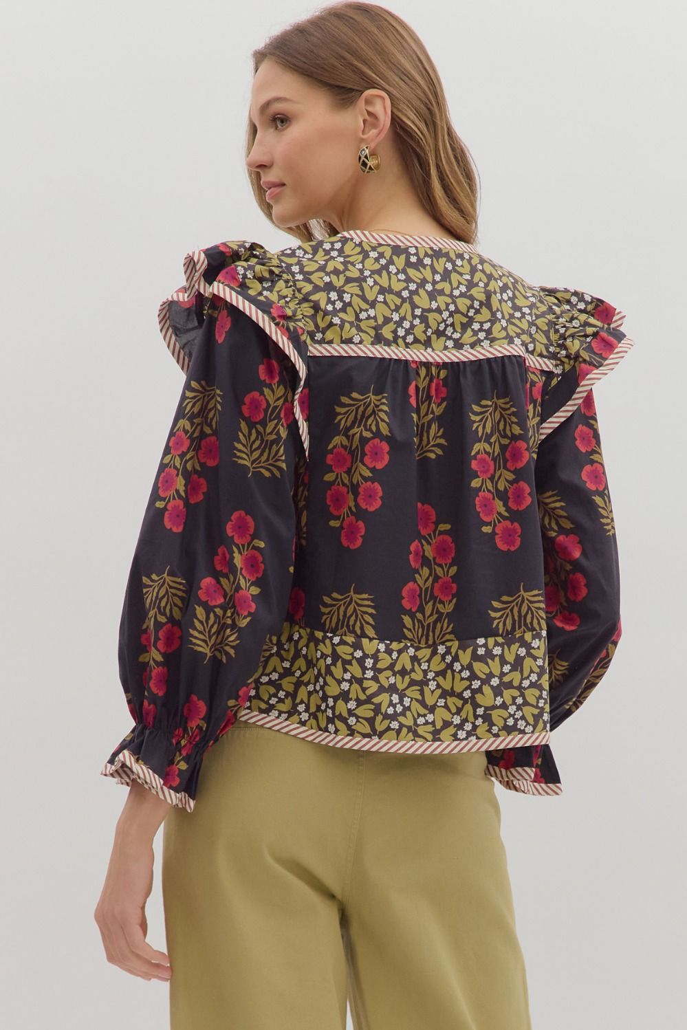 Melody Multi Print Puff Sleeve Blouse Black