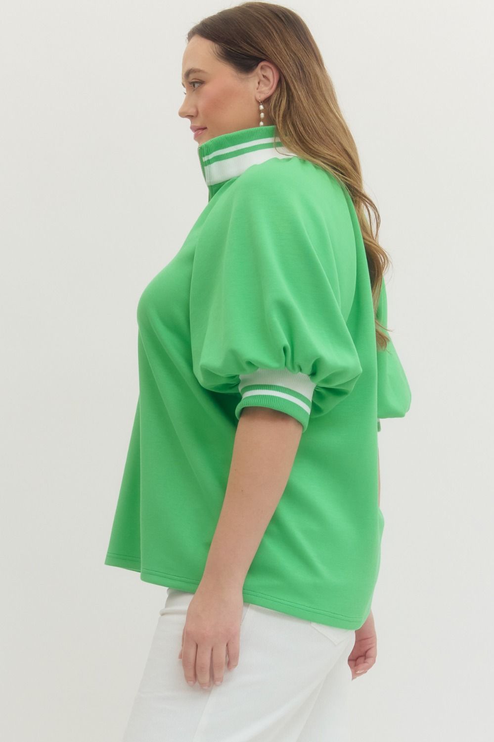 Sally Raglan Short Puff Sleeve Knit Top Green