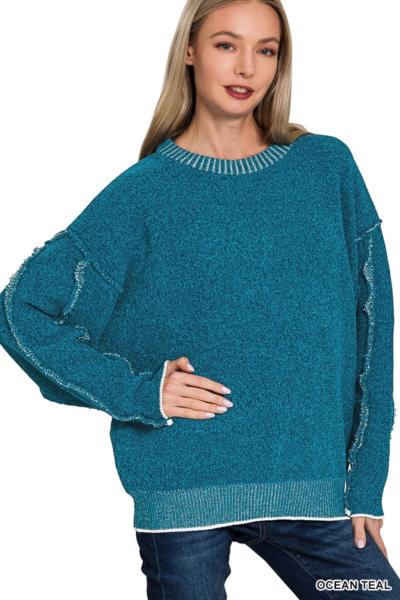 Susie Exposed Seam Chenille Sweater Ocean Teal