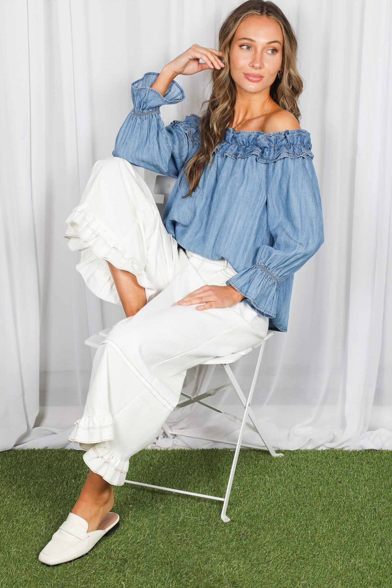 Cora Off Shoulder Chambray Denim Blouse Light