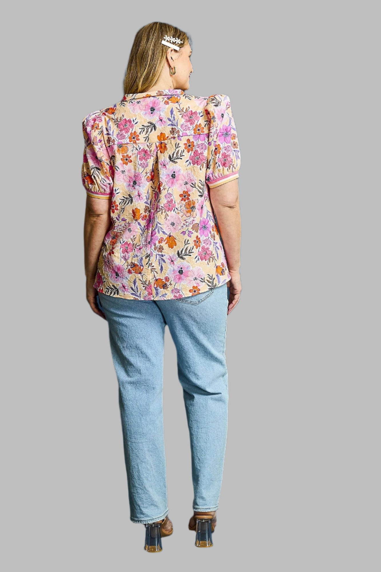 Tabitha Floral High Collar Split Neck Blouse Coral/Peach