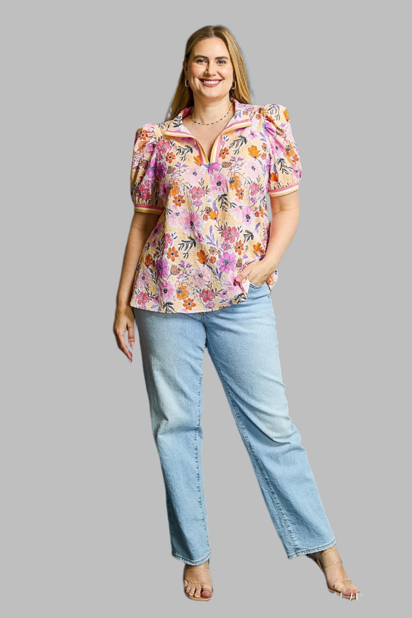 Tabitha Floral High Collar Split Neck Blouse Coral/Peach