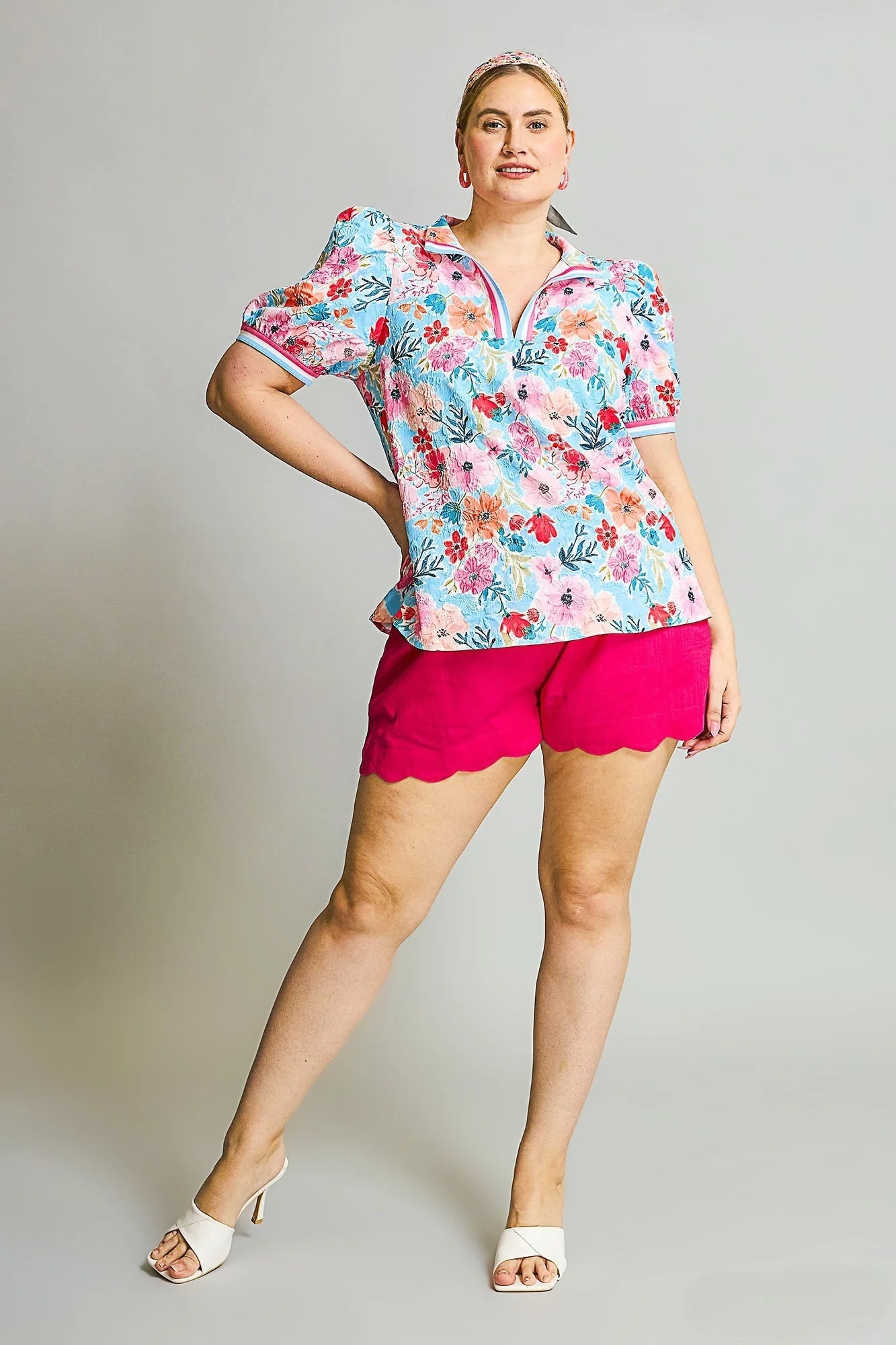 Tabitha Floral High Collar Split Neck Blouse Pink/Aqua