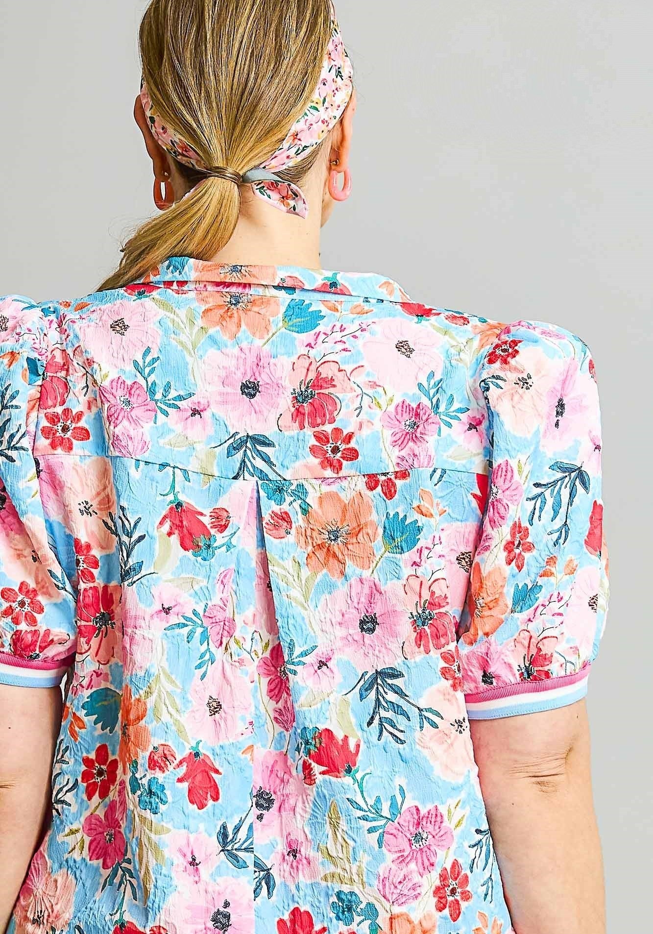 Tabitha Floral High Collar Split Neck Blouse Pink/Aqua