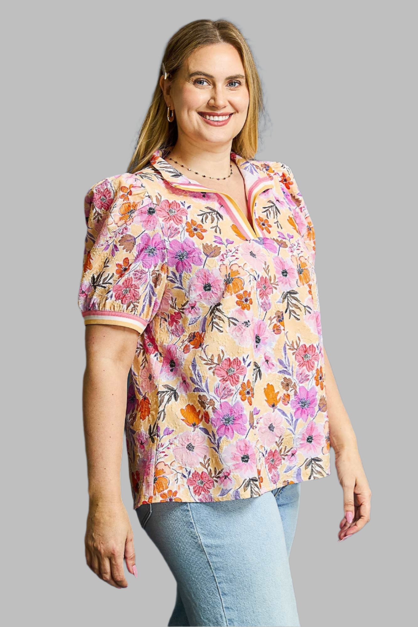 Tabitha Floral High Collar Split Neck Blouse Coral/Peach