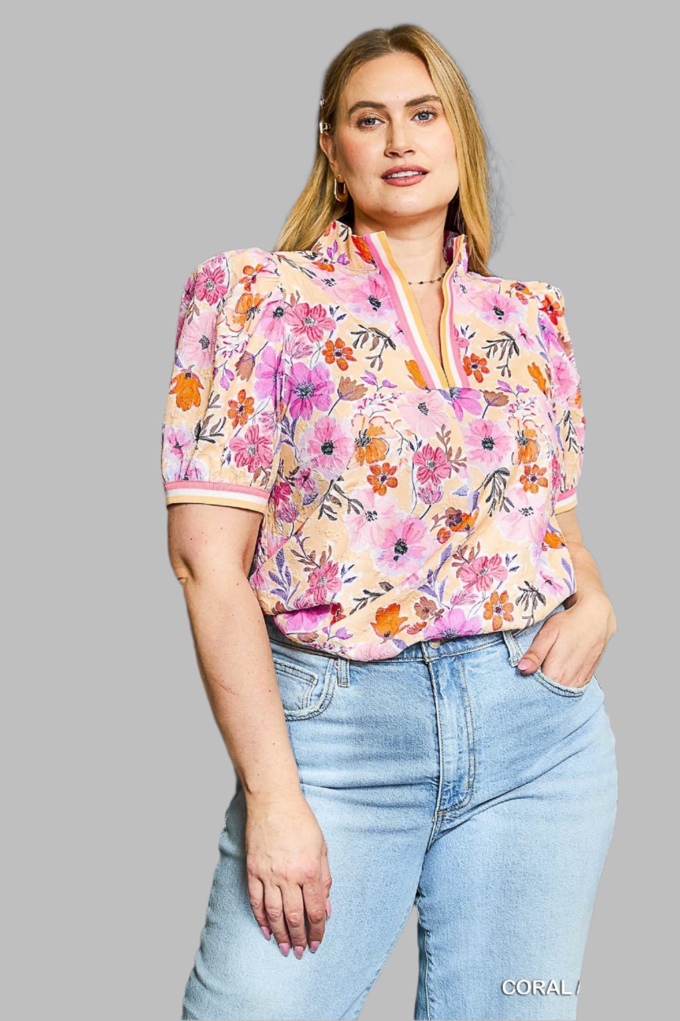 Tabitha Floral High Collar Split Neck Blouse Coral/Peach