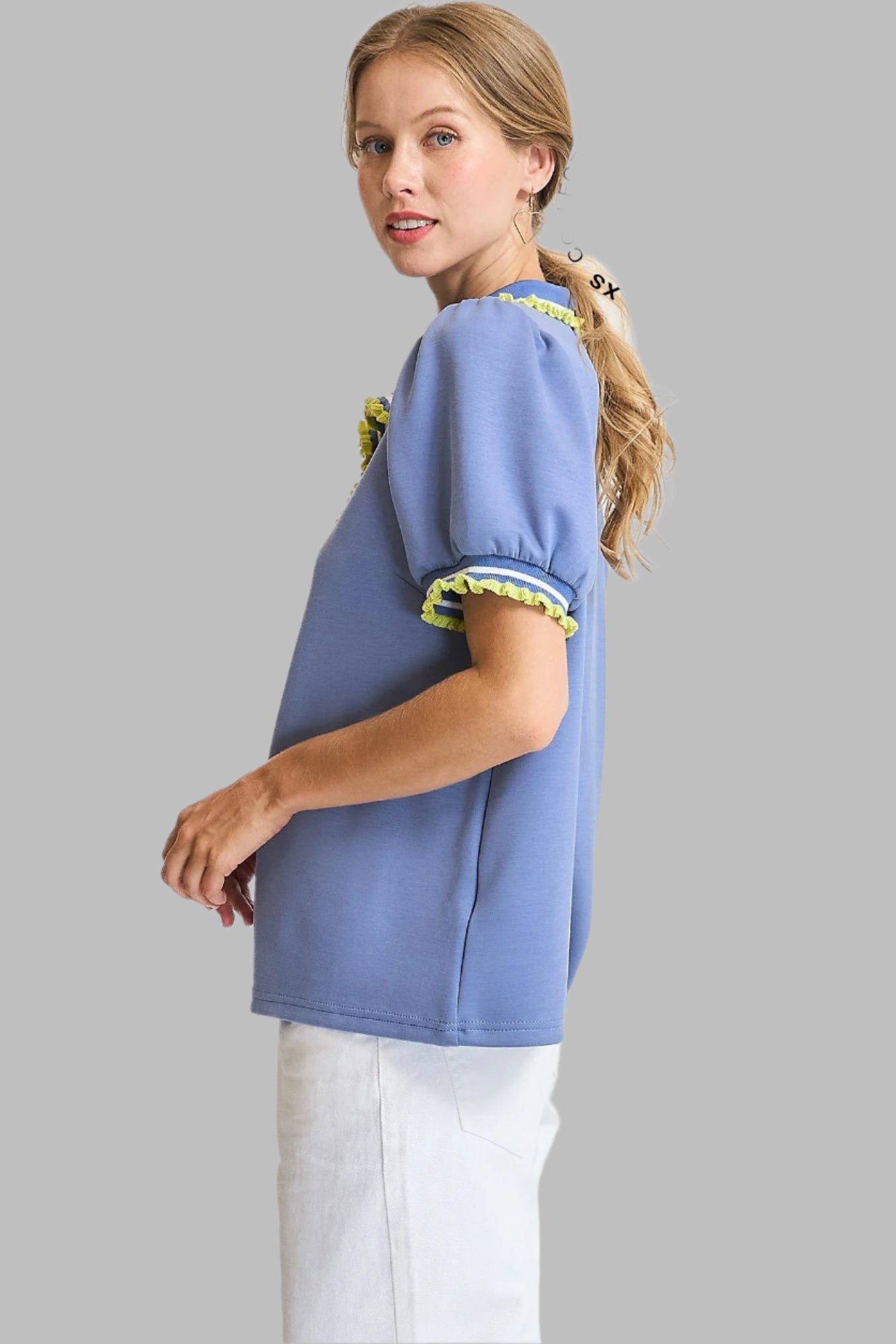 Rosalie Ruffle Trim Puff Sleeve Polo Peri Blue