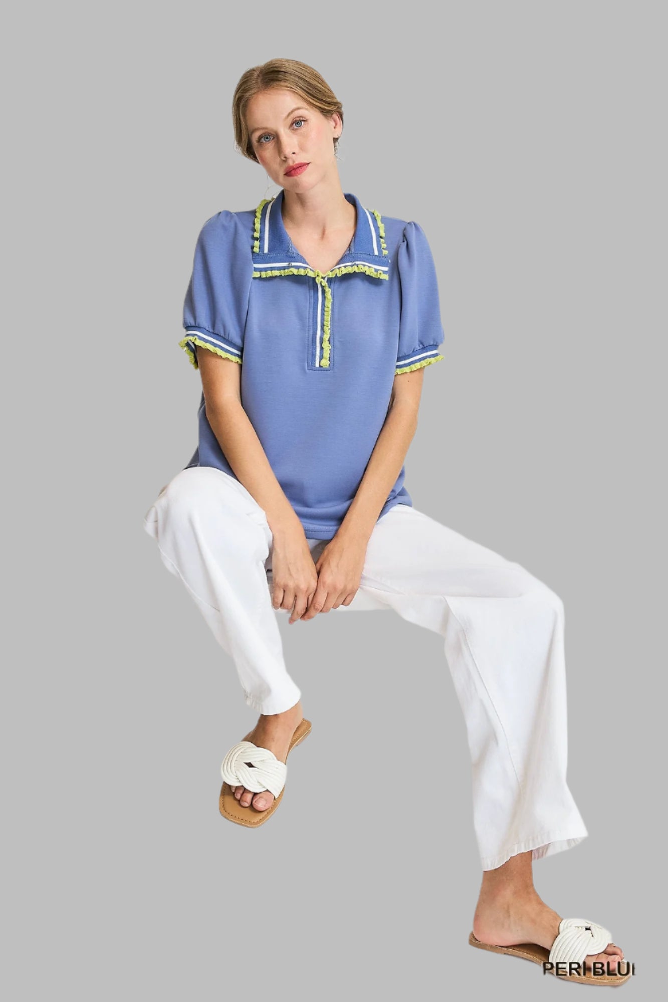 Rosalie Ruffle Trim Puff Sleeve Polo Peri Blue