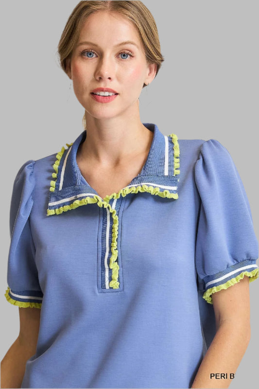 Rosalie Ruffle Trim Puff Sleeve Polo Peri Blue