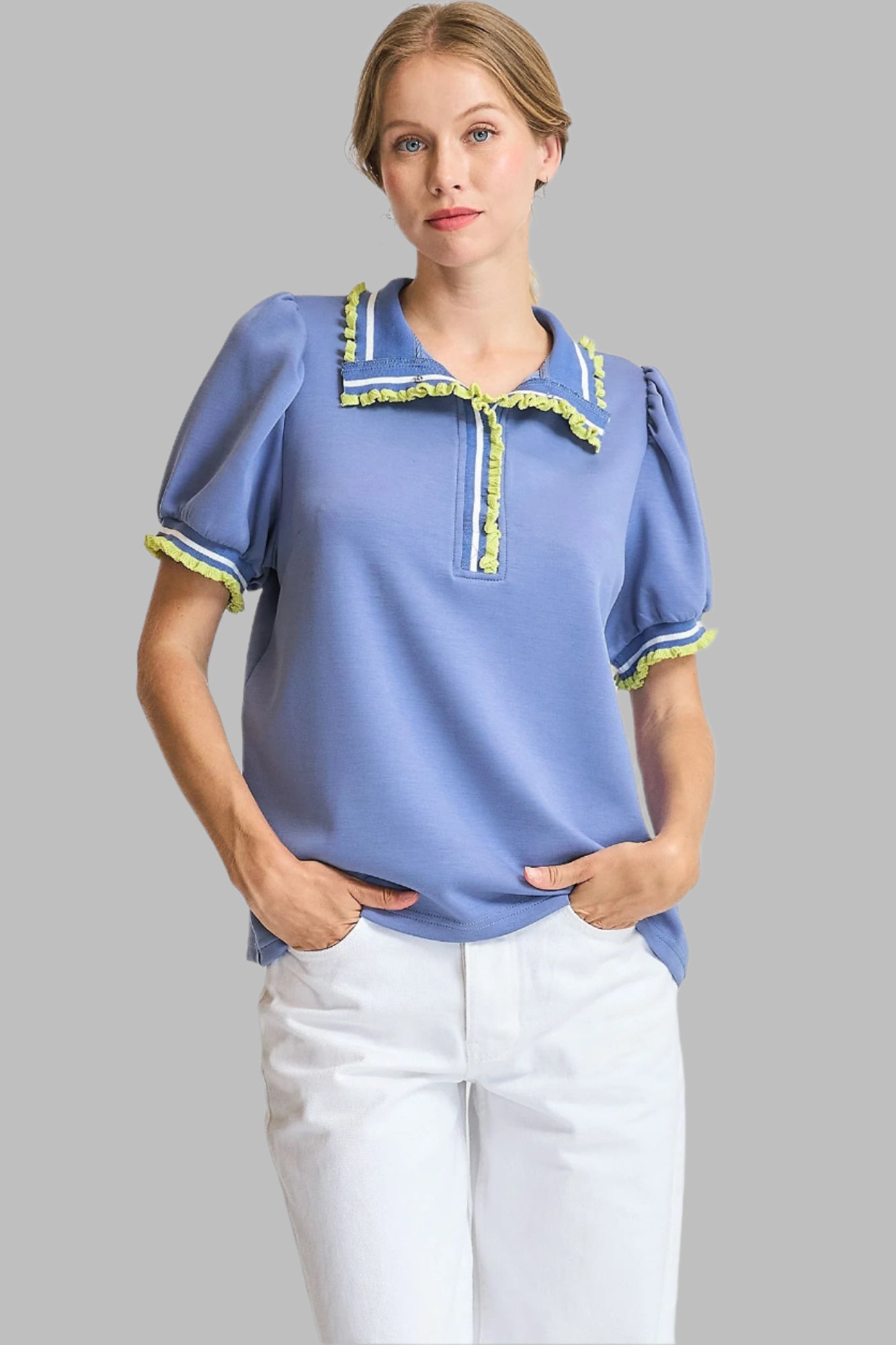 Rosalie Ruffle Trim Puff Sleeve Polo Peri Blue