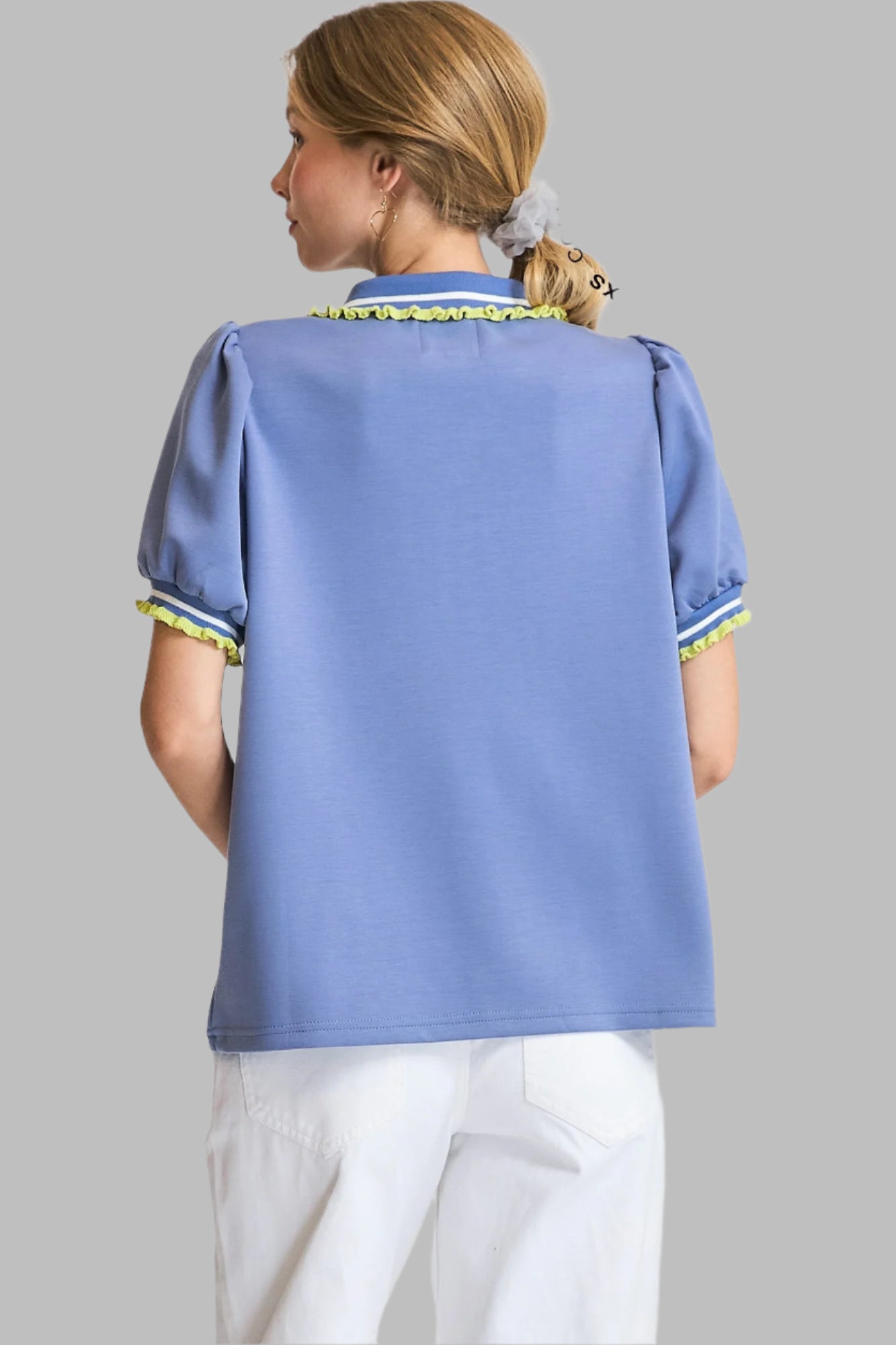 Rosalie Ruffle Trim Puff Sleeve Polo Peri Blue