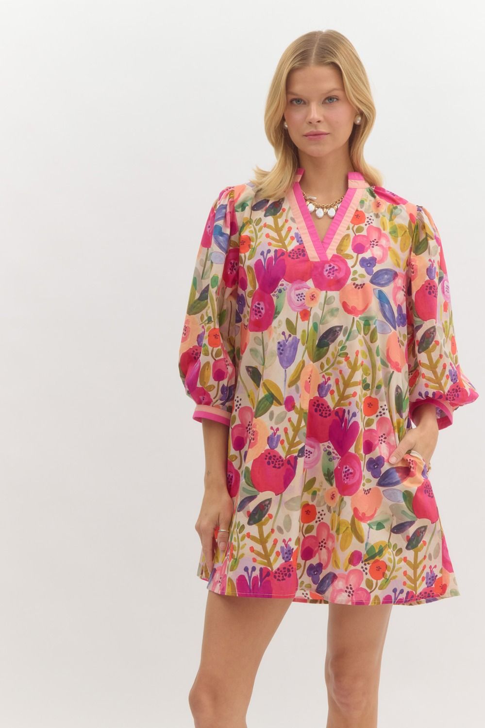 Rachael Floral 3/4 Sleeve Mini Dress Berry