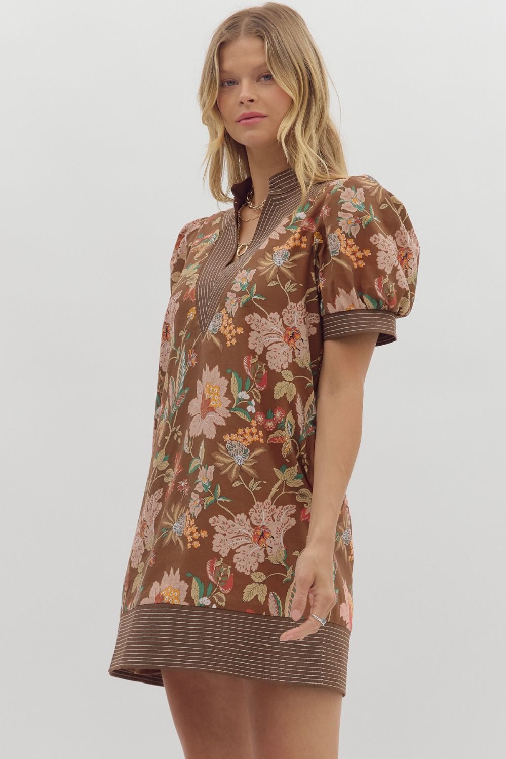 Penelope Floral Puff Sleeve Mini Dress Brown