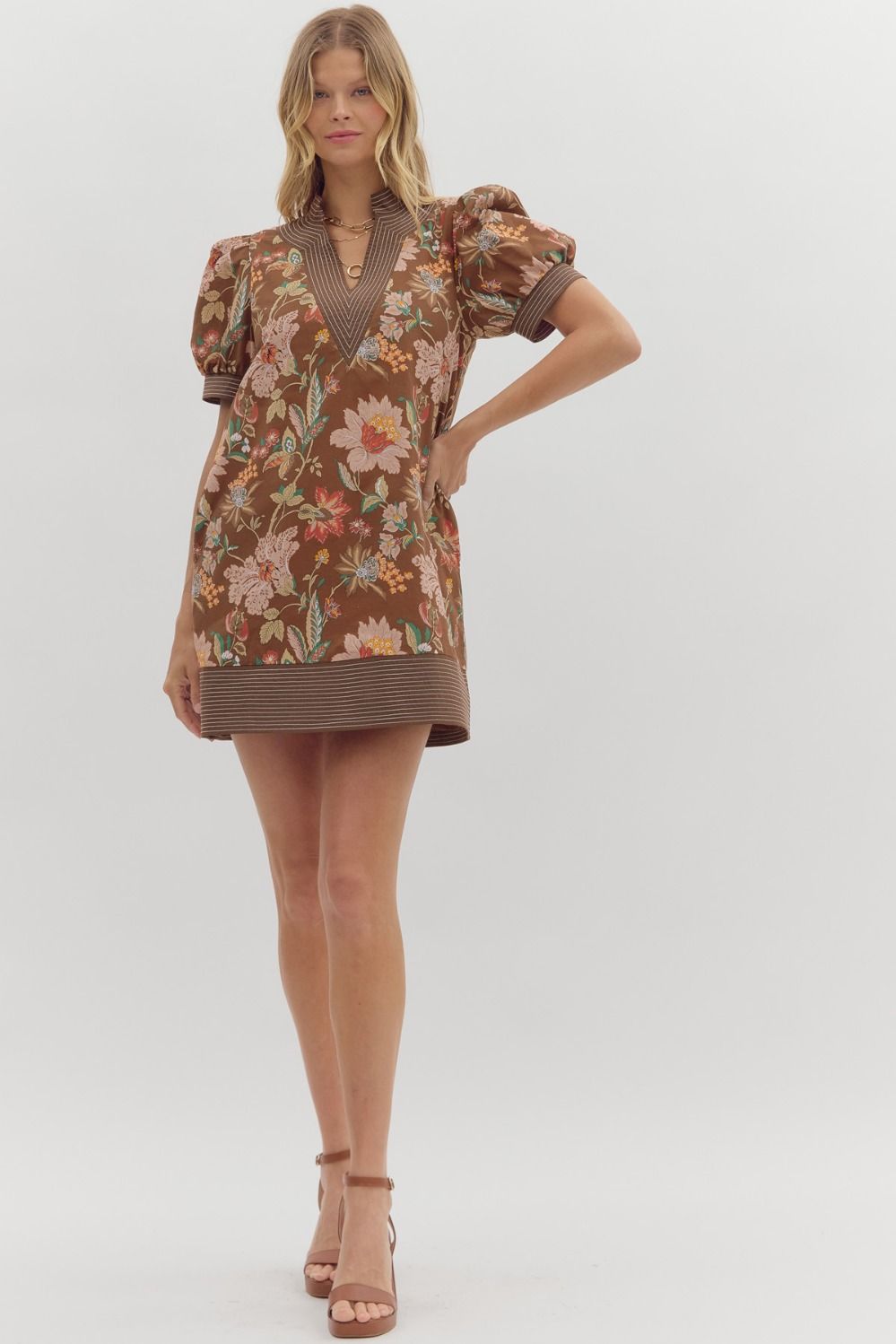 Penelope Floral Puff Sleeve Mini Dress Brown