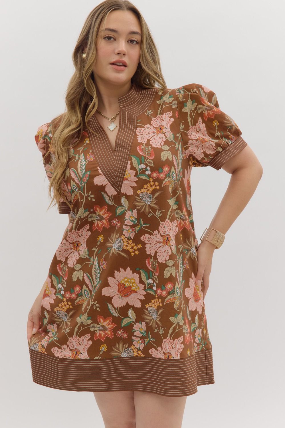 Penelope Floral Puff Sleeve Mini Dress Brown