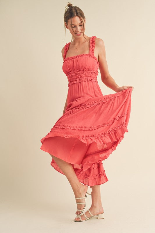 Riley Ruffled Midi Dress Coral Red