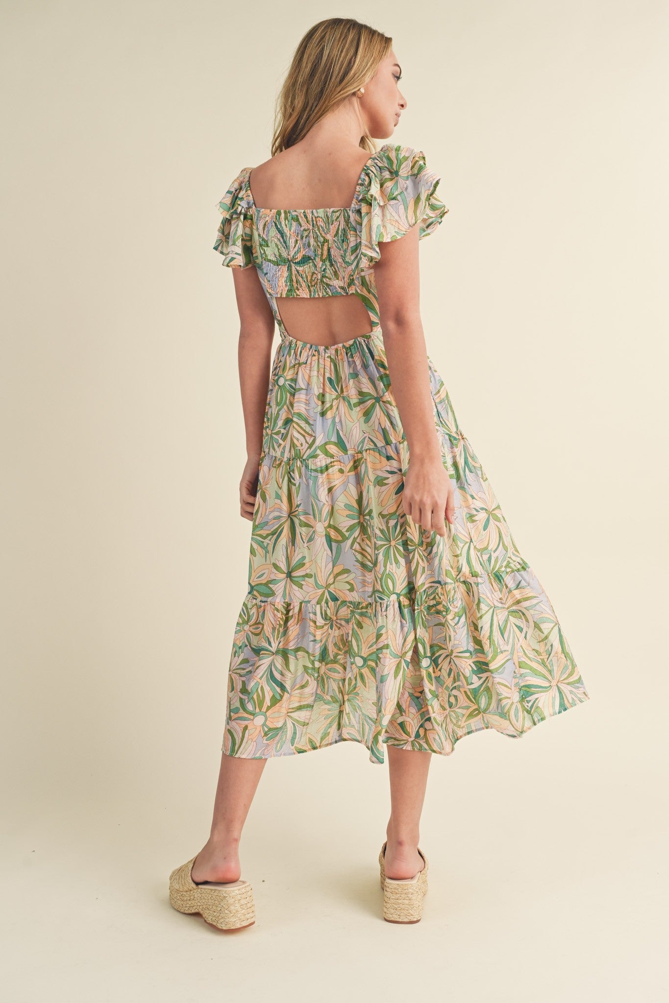 Frances Floral Print Smocked Cut Out Back Midi Dress Sage