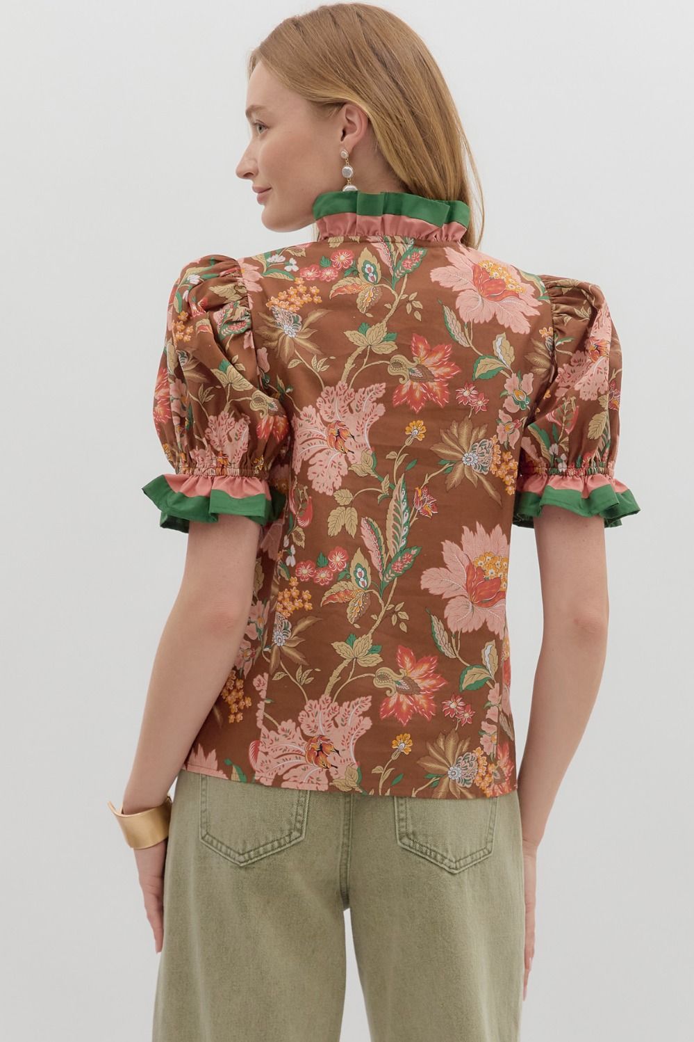 Penelope Floral Puff Sleeve Top Brown