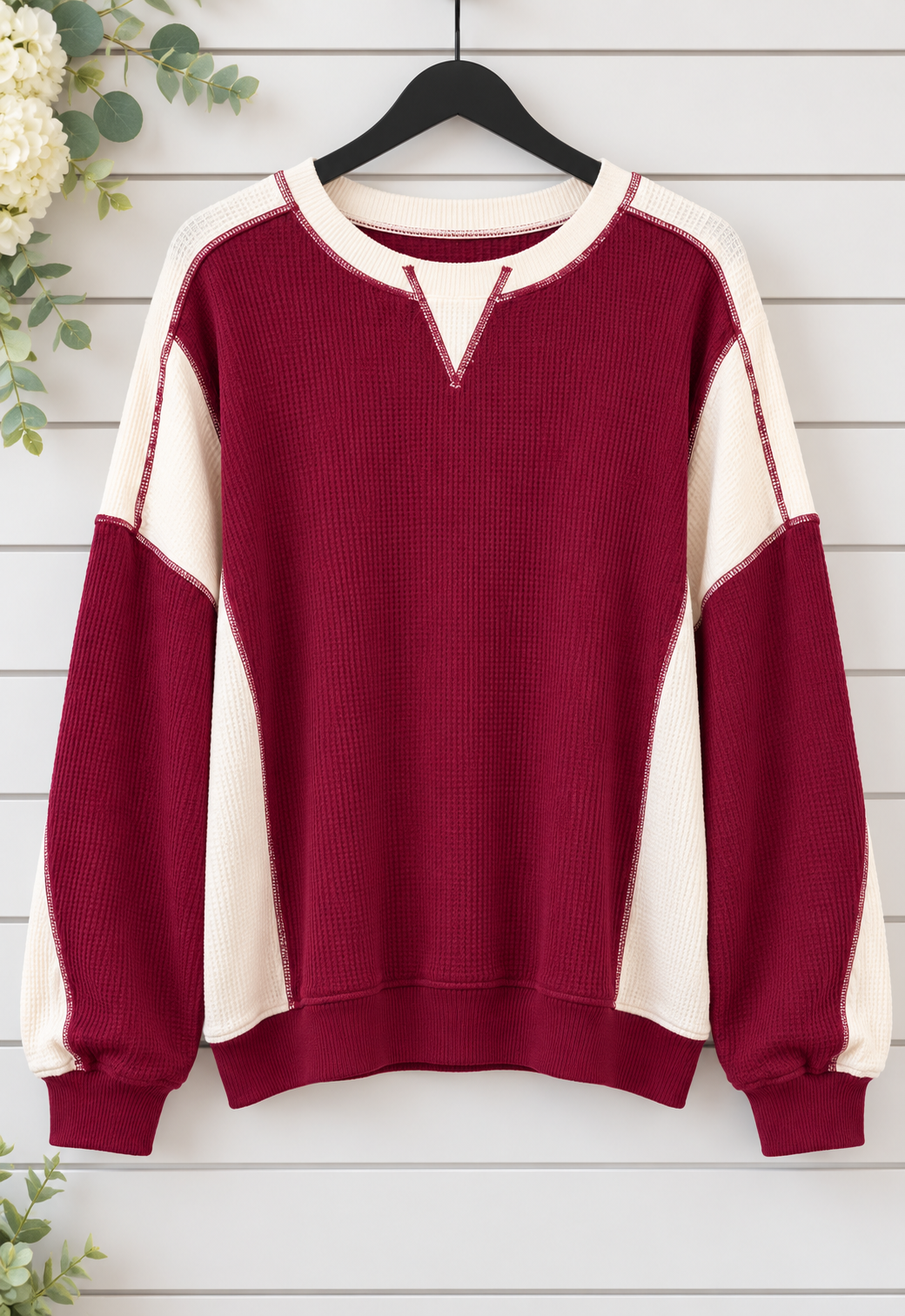 Bambi Color Block Exposed Seam Sweatshirt Burgundy