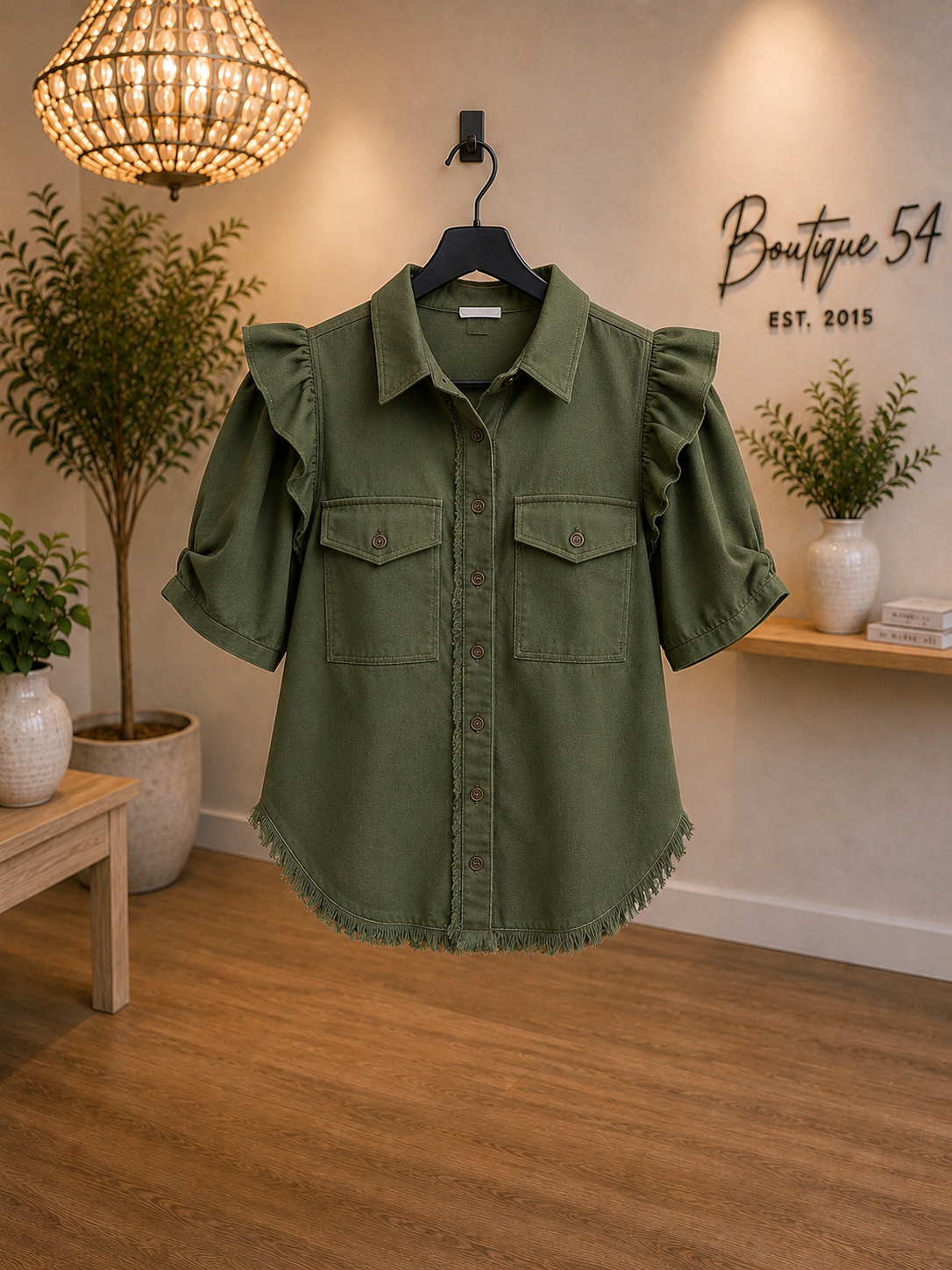 Raylee Ruffled Sleeve Linen Button Up Top Olive