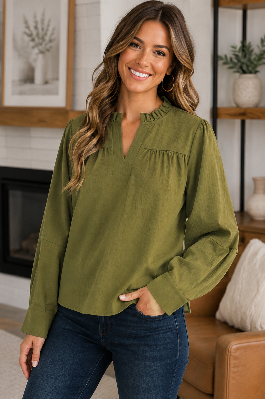 Lydia Long Sleeve Solid Crinkled Top Olive