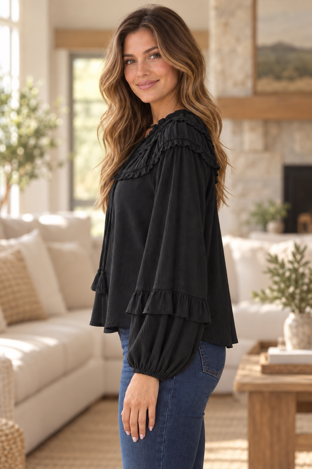 Toni Textured Fabric Shirring Yoke Blouse Black