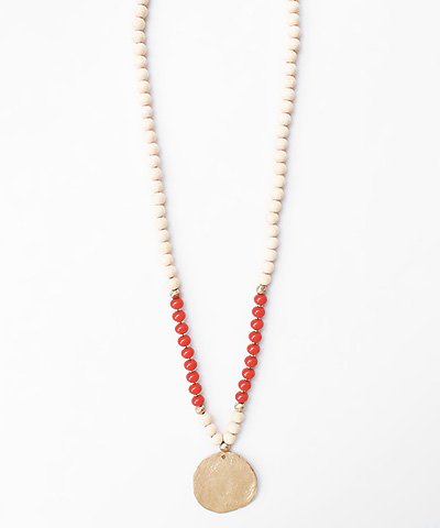 Round Pendant & Wood Bead Necklace Red