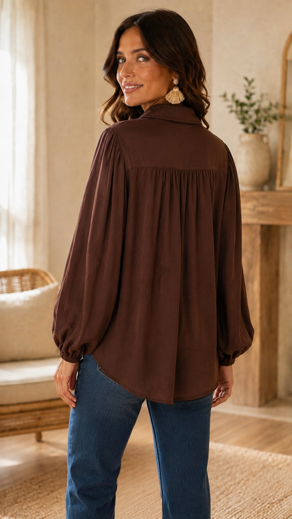 Collin Collared Long Sleeve Textured Blouse Chocolate