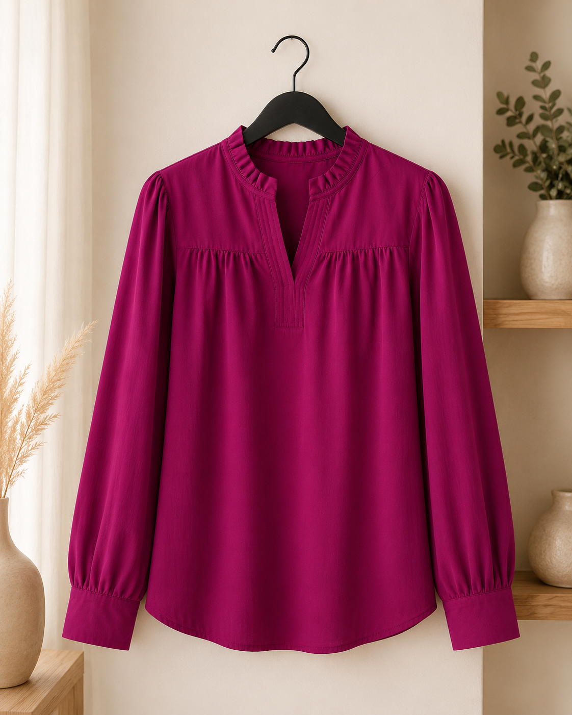 Lydia Long Sleeve Solid Crinkled Top Magenta