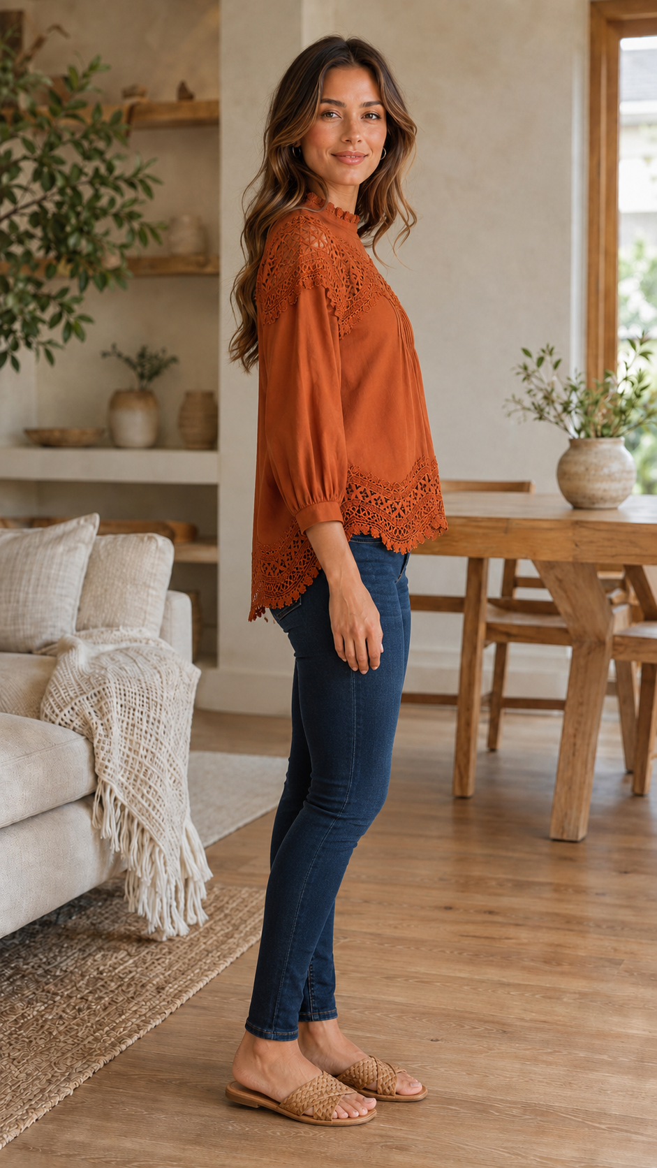 Lacee Mock Neck 3/4 Sleeve Lace Trim Blouse Clay