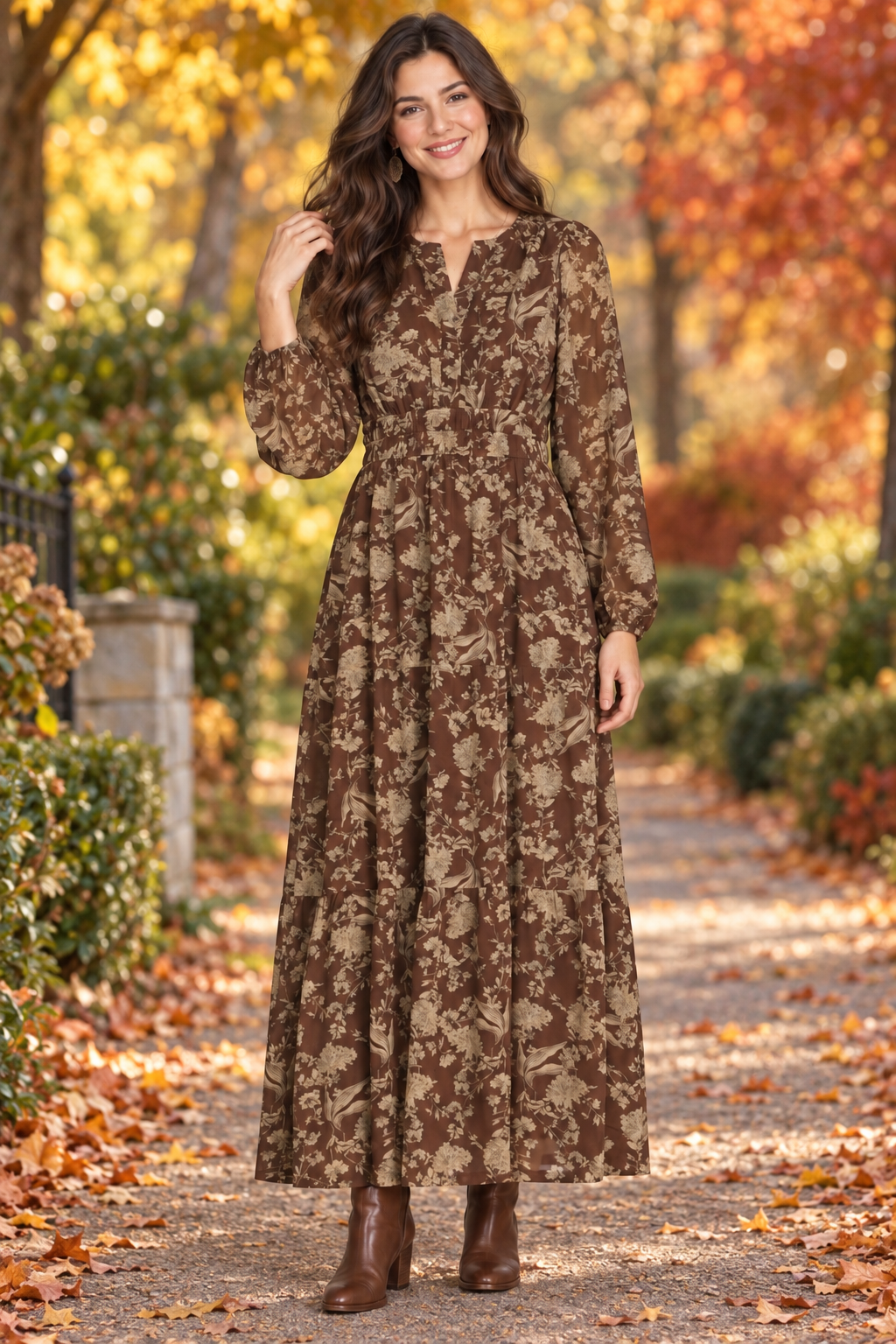 Leonora Long Sleeve Floral Tiered Maxi Dress Brown