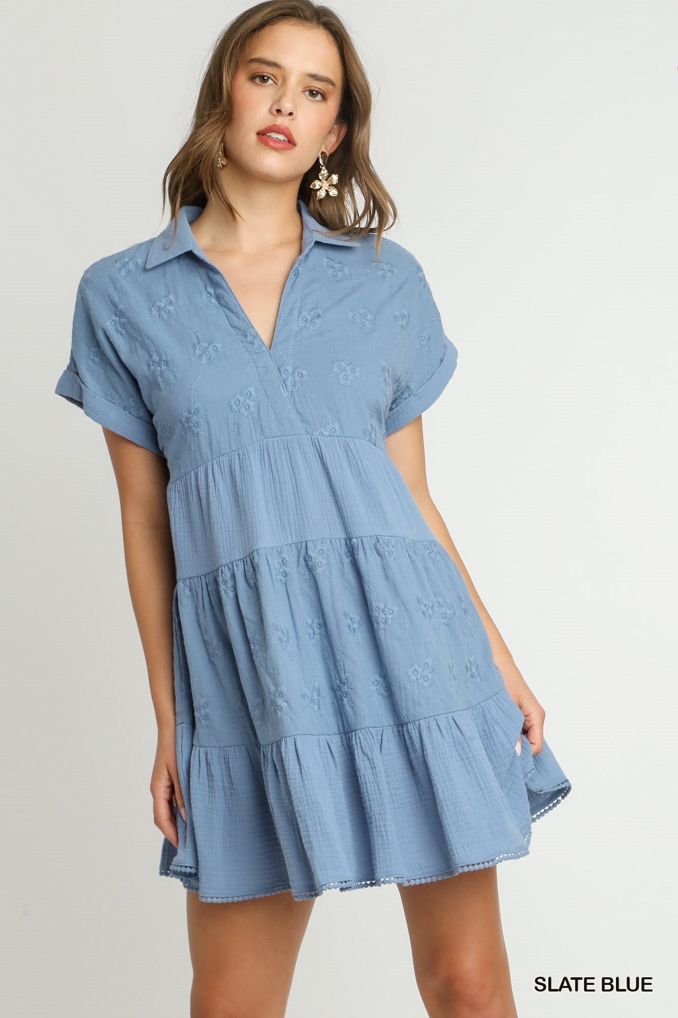 Lainey Eyelet Lace Tiered Dress-Slate Blue : Small