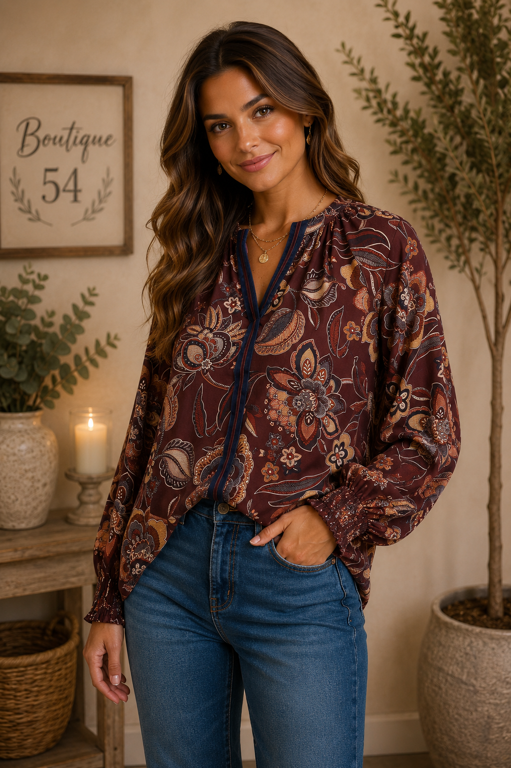 Brooklyn Split Neck Boho Blouse Maroon