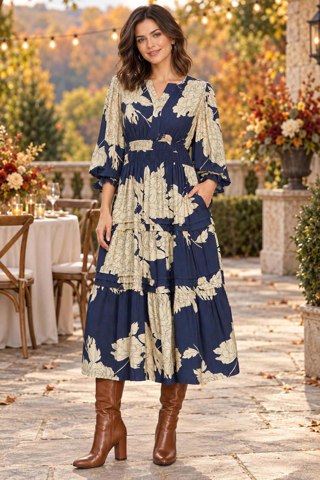 Palmer 3/4 Sleeve Floral Tiered Midi Dress Navy