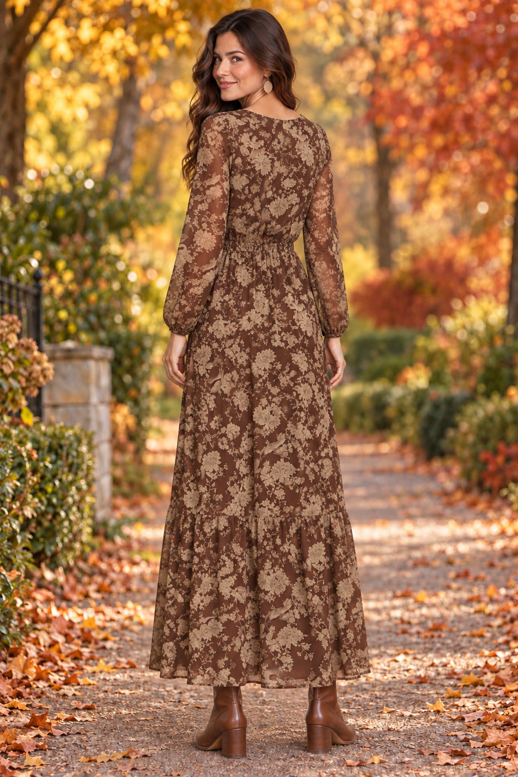 Leonora Long Sleeve Floral Tiered Maxi Dress Brown