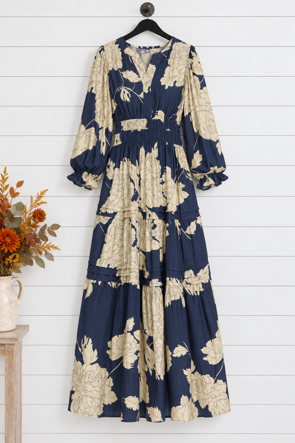 Palmer 3/4 Sleeve Floral Tiered Midi Dress Navy