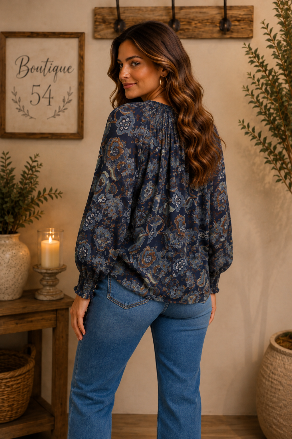 Brooklyn Split Neck Boho Blouse Navy