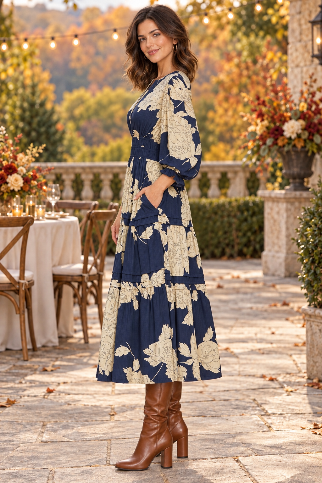 Palmer 3/4 Sleeve Floral Tiered Midi Dress Navy