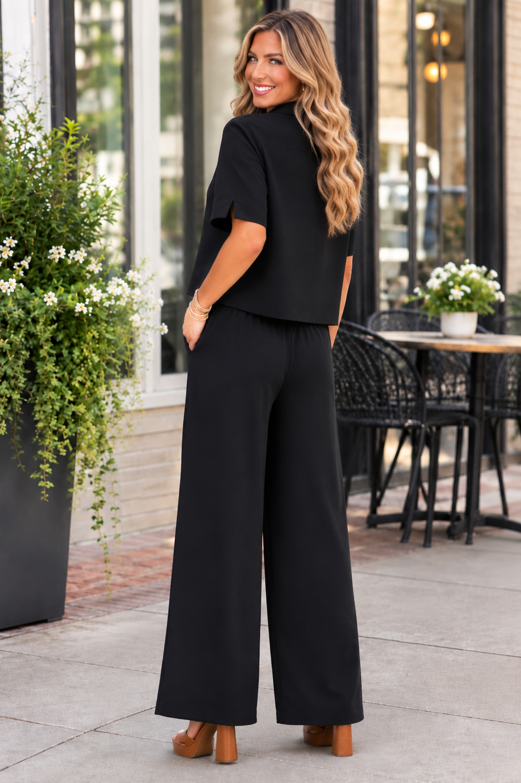 Sandy Short Sleeve Button Down Top & Pants Set Black