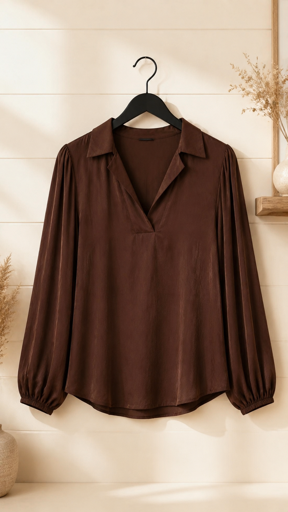 Collin Collared Long Sleeve Textured Blouse Chocolate